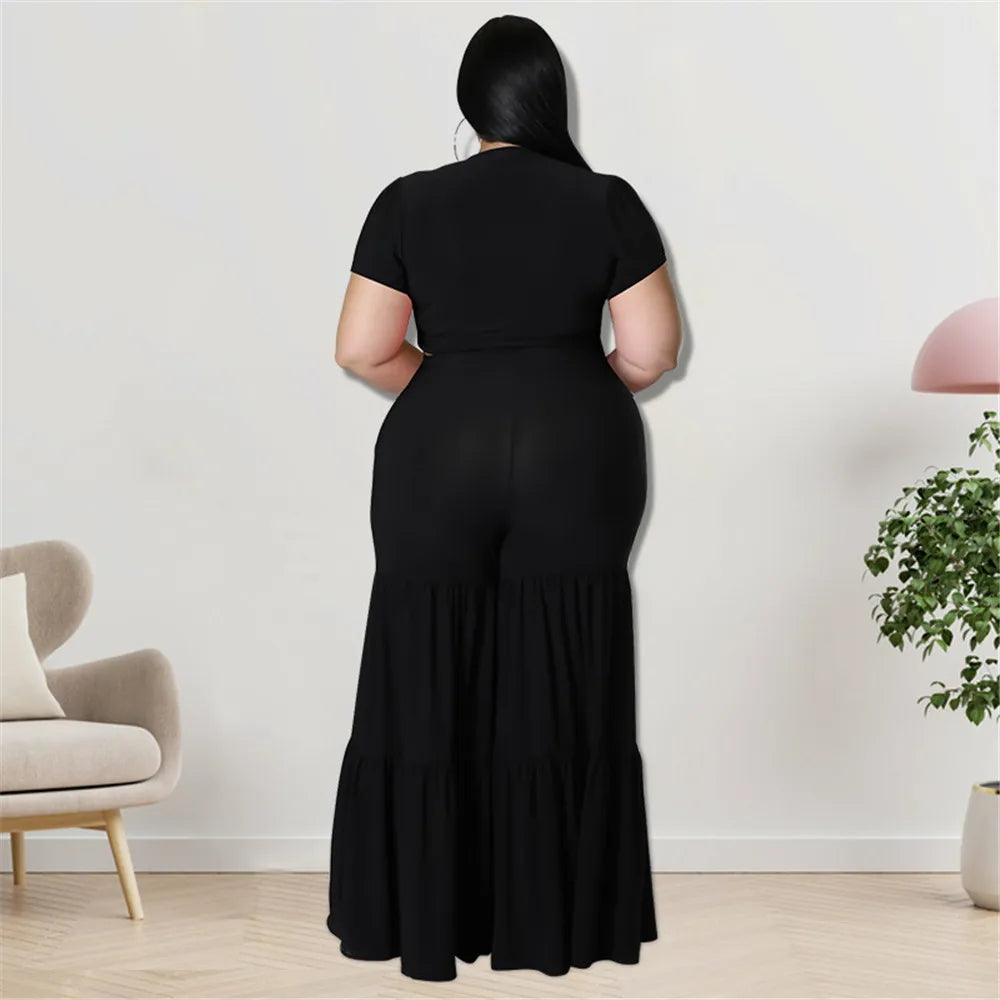 Plus Size Pants Sets Two Piece Outfits Summer Holiday Solid Bandage Top Wide Leg New Matching Suit