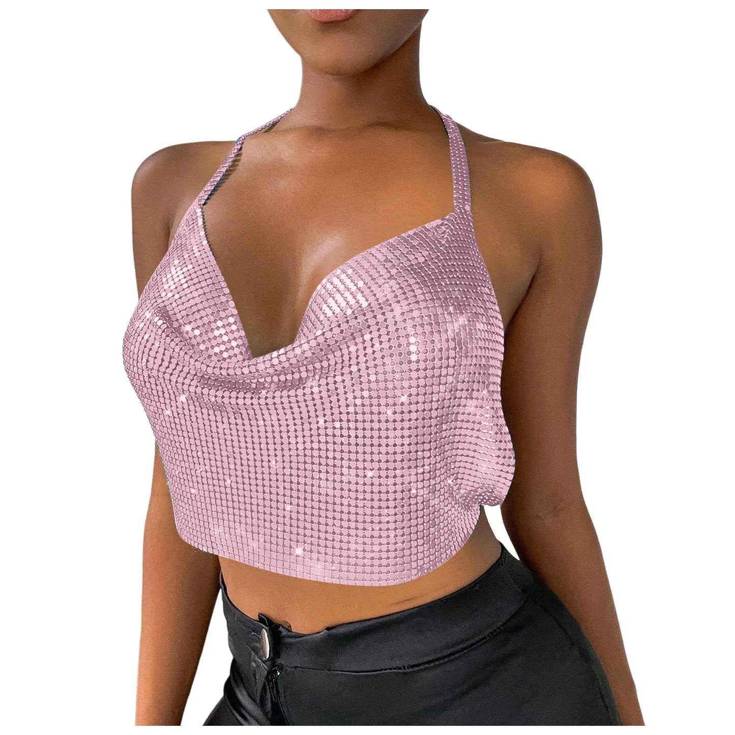 Sexy Sequins Metal Crop Tops Women Suspenders Halter Backless Night Club Tank Top