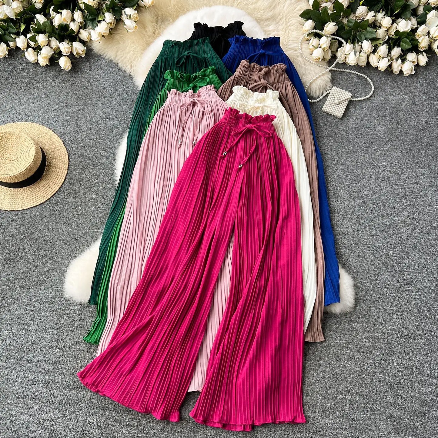 Women Long Pants Wide Leg Pant Solid Loose Casual Lace Up Tight High Waist Capris Regular Pleated Trousers