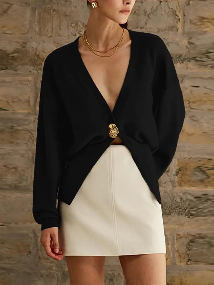 Women's Button Knitted Cardigan Vintage V Neck Full Sleeve Cropped Sweater