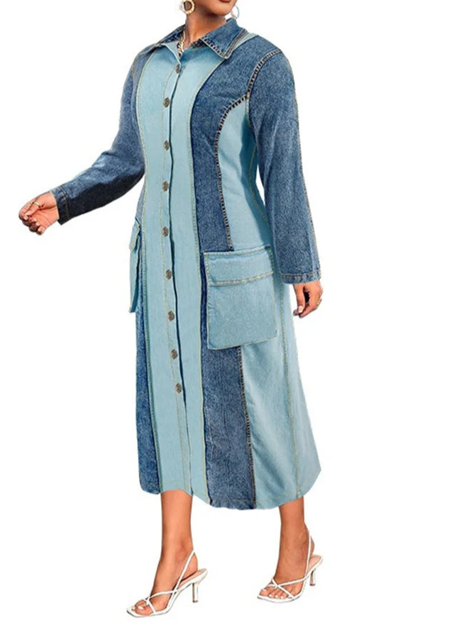 Plus Size Denim Dresses Women Long Sleeve Casual Button Pockets Striped Maxi Dress