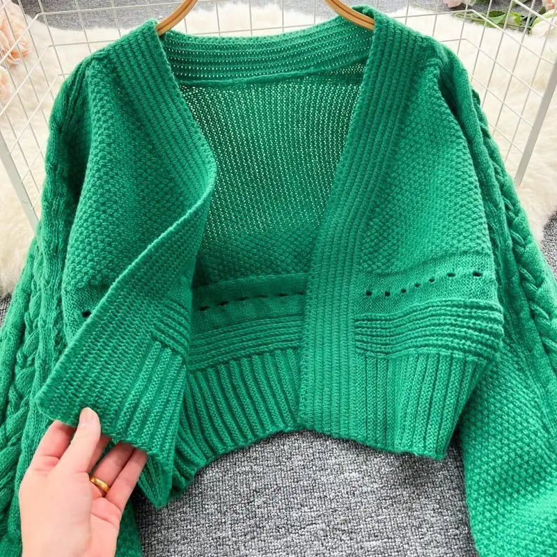 Green Casual Acrylic Knit V-Neck Lantern Long Sleeve Lace Up Women's Cardigan