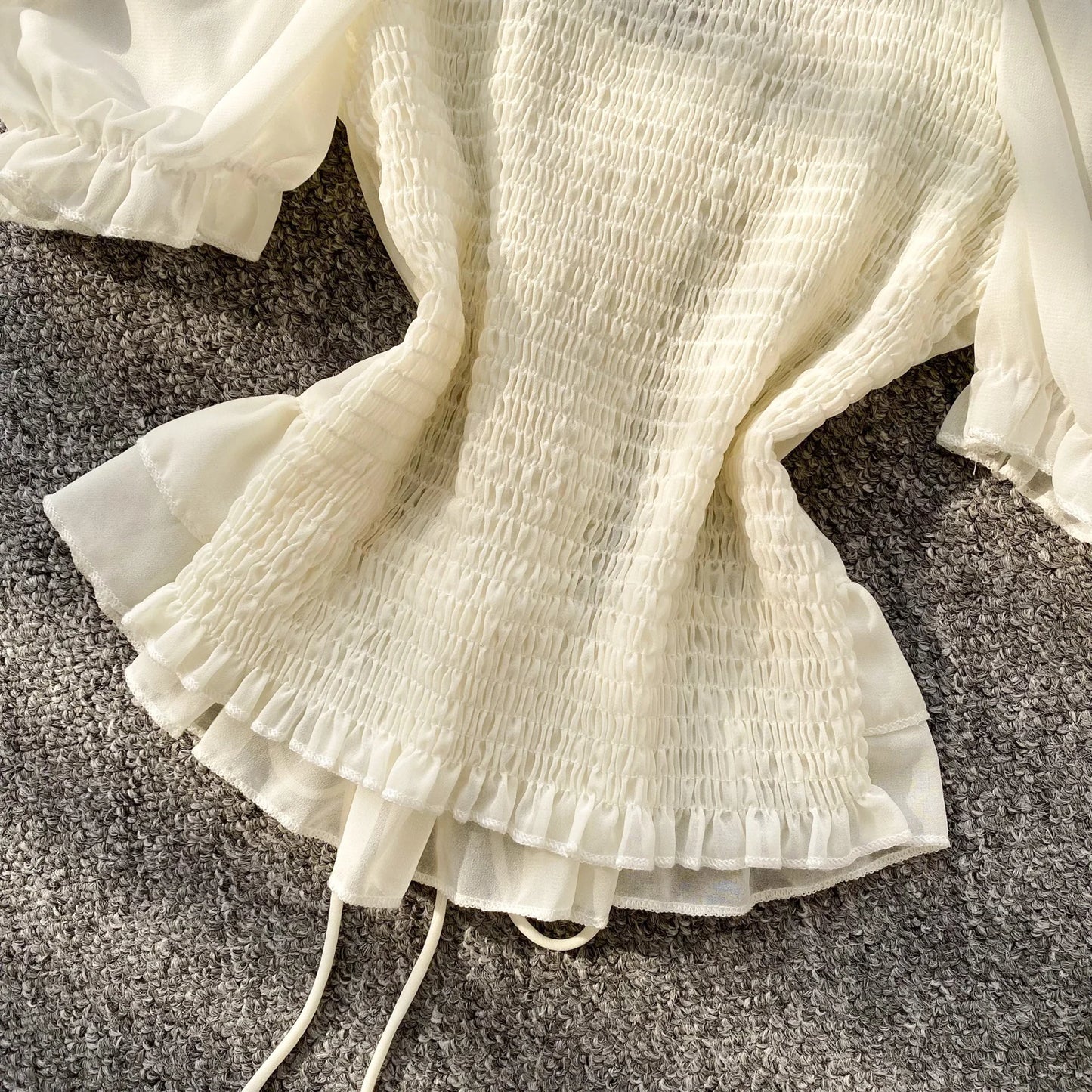 French Style Chiffon Blouse Square Neck Short Sleeves Ruffles Lace Up Beach Top