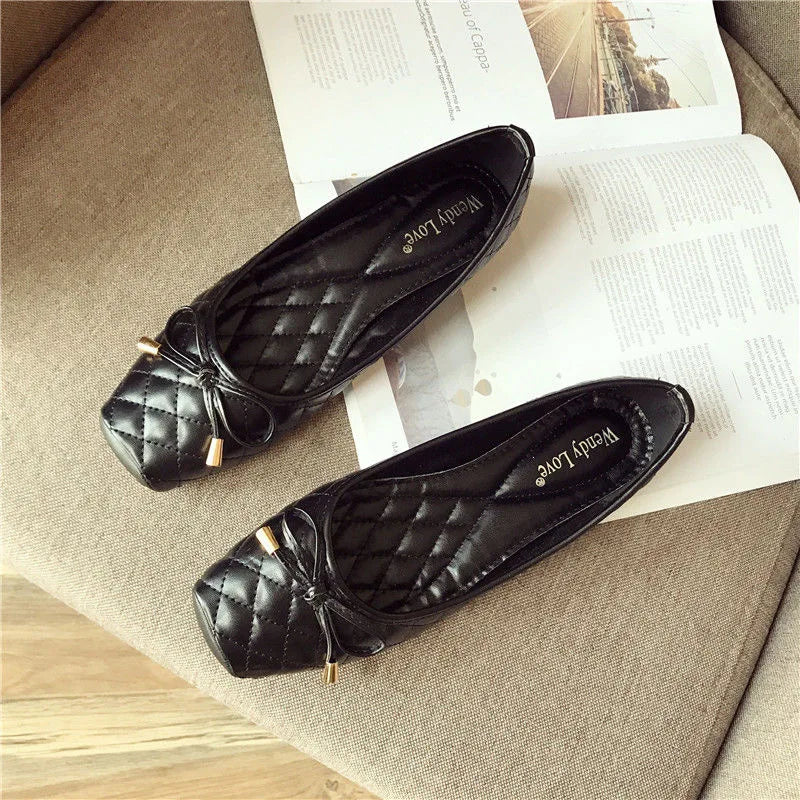 Women Flats Square toe Soft Ladies Shoes Ballet Flats Black Gold Color
