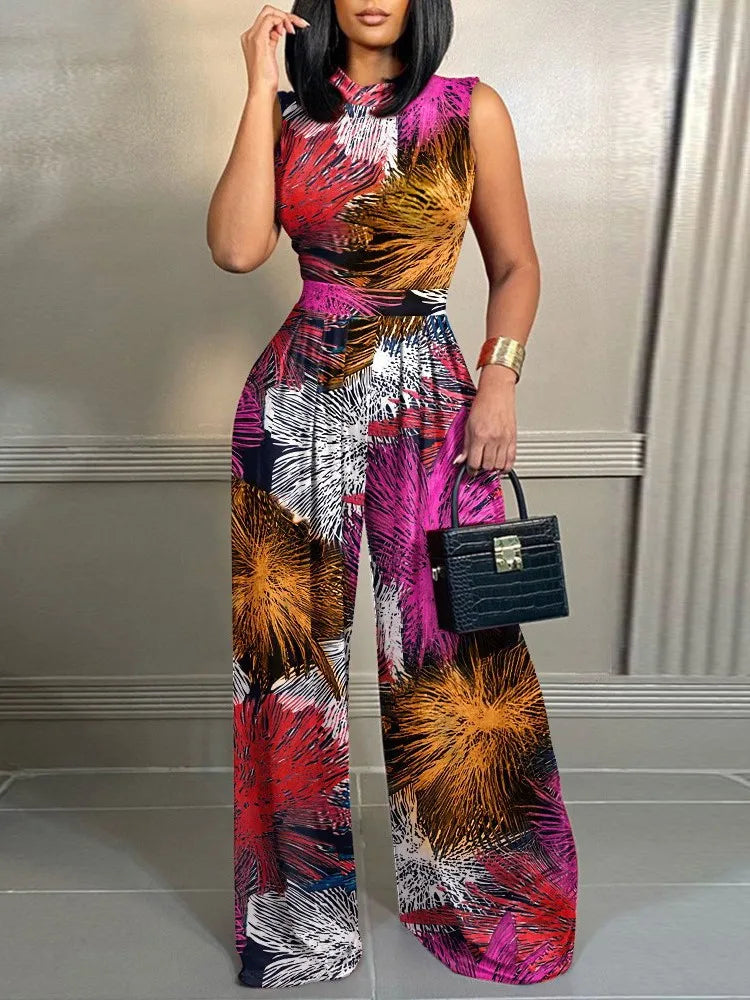 Elegant Women Stand Neck Wide Leg Rompers Casual Waist Jumpsuits Streetwear