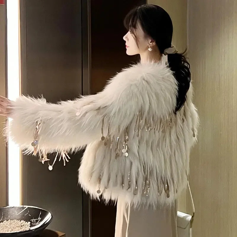 Faux Fur Grass Sequined Tassels Coat Women's Short Beaded Fringed Bomber Jacket