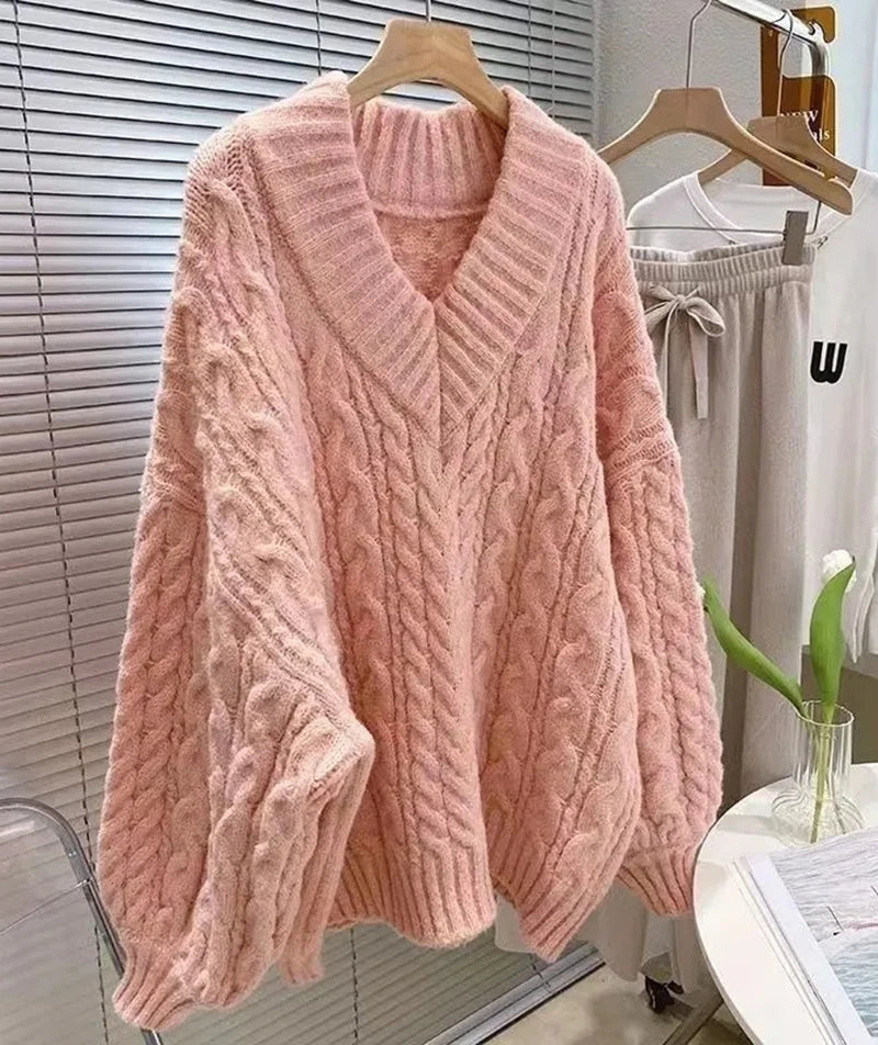 Lantern Sleeve Knit Sweater Women Korean Solid Twist V-Neck Pullover Jumper