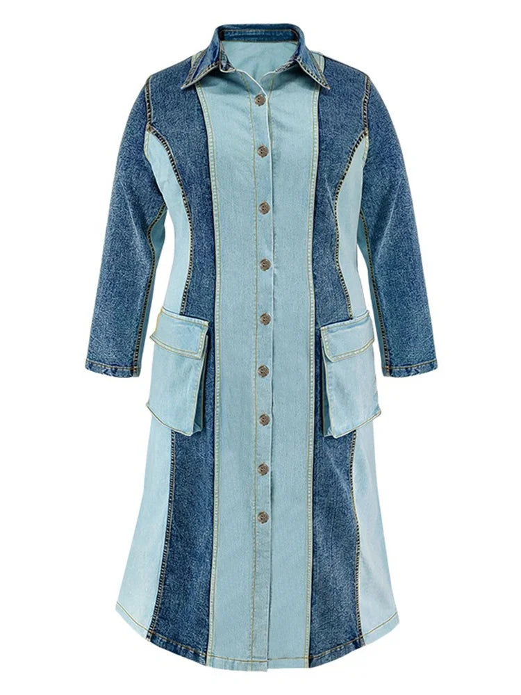 Plus Size Denim Dresses Women Long Sleeve Casual Button Pockets Striped Maxi Dress