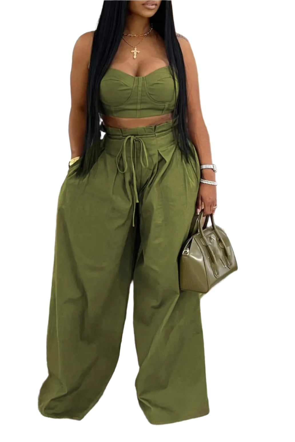 Sexy Zip Crop Camisole and High Waisted Drawstring Wide Leg Trousers 2 Piece Women Pants Suit Streetwear