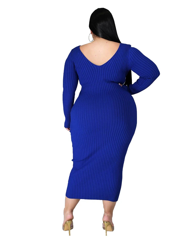 Ladies Knitted Sweater Dress Midi Dress Long Sleeves Chic and Elegant Plus Size Dresses