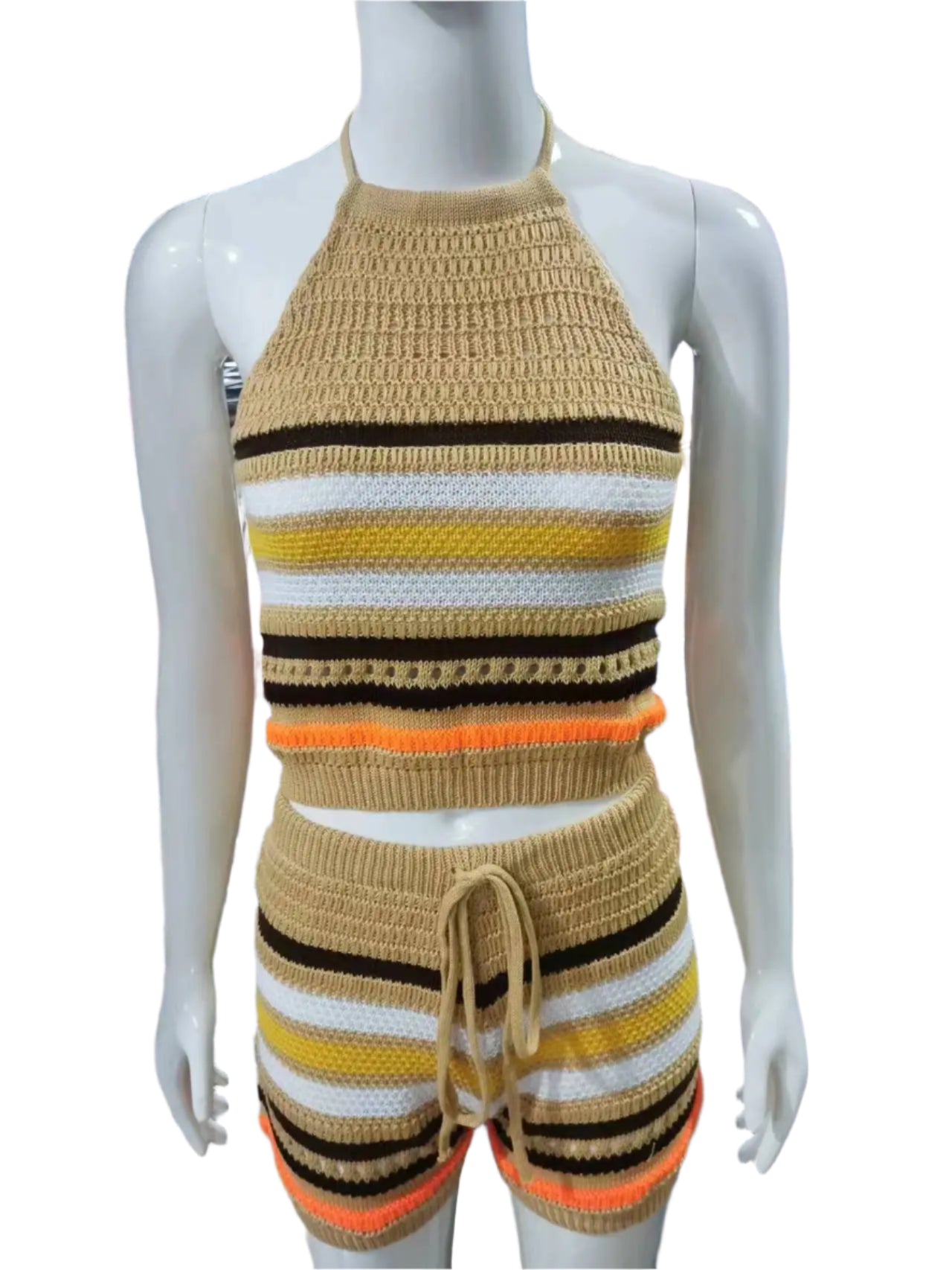 Striped Hollow Out Top & Drawstring Shorts Set Women Two Piece Set Y2k Club Beach Vest Halter Tops Elastic Waist Summer outfit