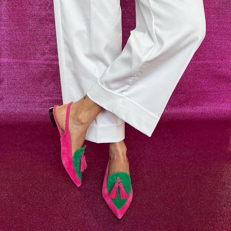 Color Block Women's Flat Shoes Pointed Tassel Low Heel Back Air Sandals