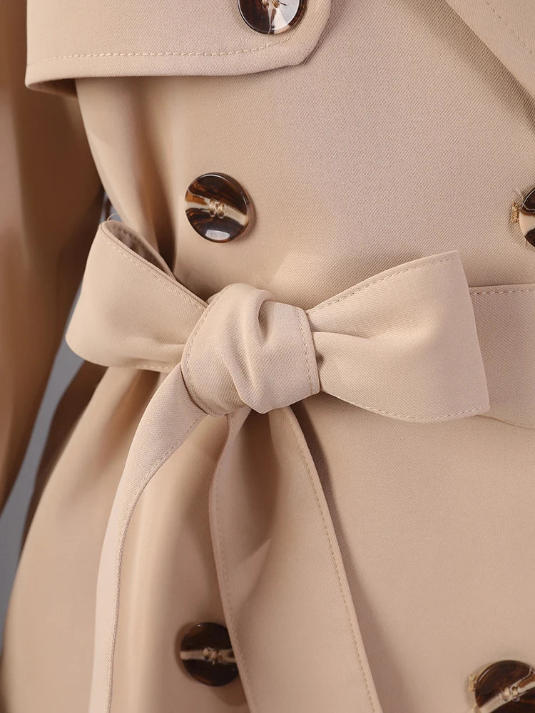 Women Khaki Pleated Elegant Trench New Lapel Long Sleeve Windbreaker Trench Coat