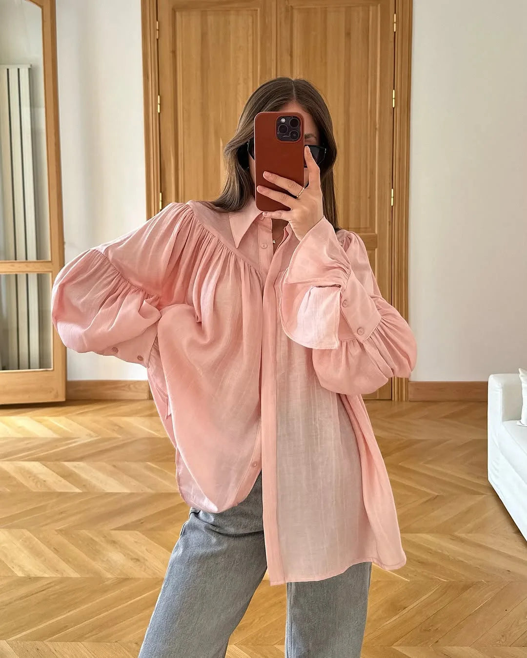 Summer Ruffled Loose Shirts For Women Lapel Long Sleeve Casual See-Through Blouse