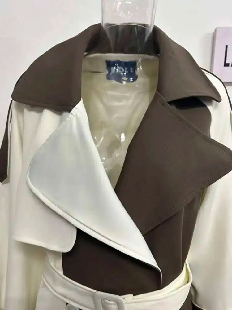Color Block Trench Coat Double Breasted Patchwork Windbreaker Trench Coat