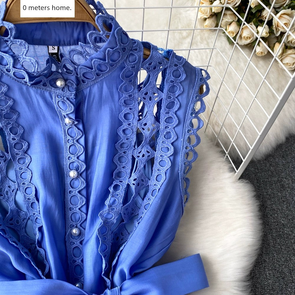 Summer 2024 French Style Vintage Court Style Elegant Stand-up Collar Cinched Slim Looking Sleeveless A- line Cut Out Embroider Dress