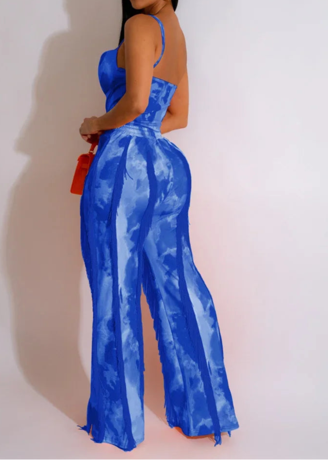 Tie Dye Printing Two Piece Set for Women Pant Sets Birthday Outfits Clubwear Bodysuit Top and Fringe Tassel Pants Matching Sets