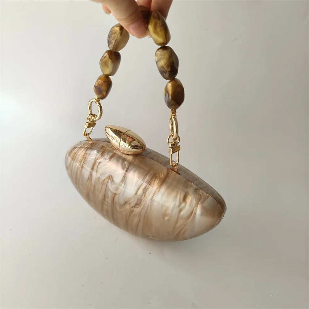 Shell Brand Pearl Brown Marble Acrylic Box Clutches Evening Bag Bridal Hand Bag