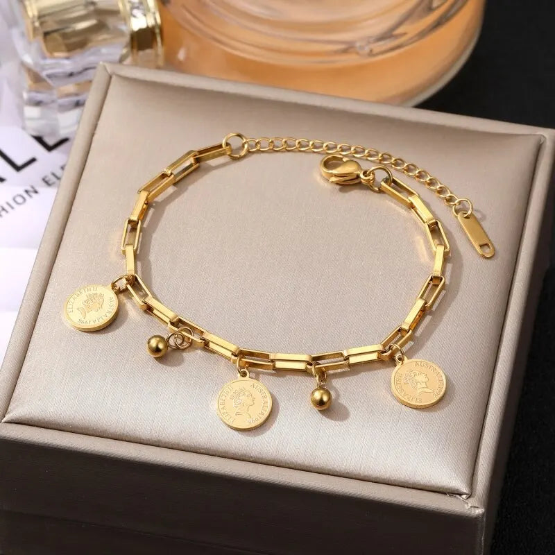 Women 1pcs Gold-color Stainless Steel Round Sign Portrait Pendant Bracelet