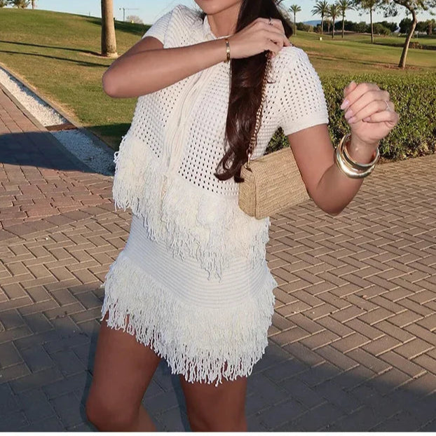 Knit Tassel Skirt Sets Women Hollow Out Lapel Single Breasted Short Sleeve Tops Mini Skirts