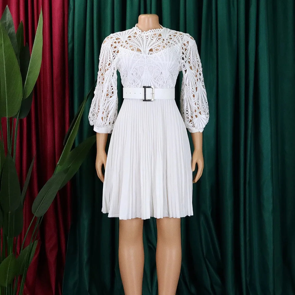 Elegant Dresses for Women O Neck Three Quarter Sleeve Belt Waisted Lace Patchwork Knee Length Luxury Female Birthday Party Dress