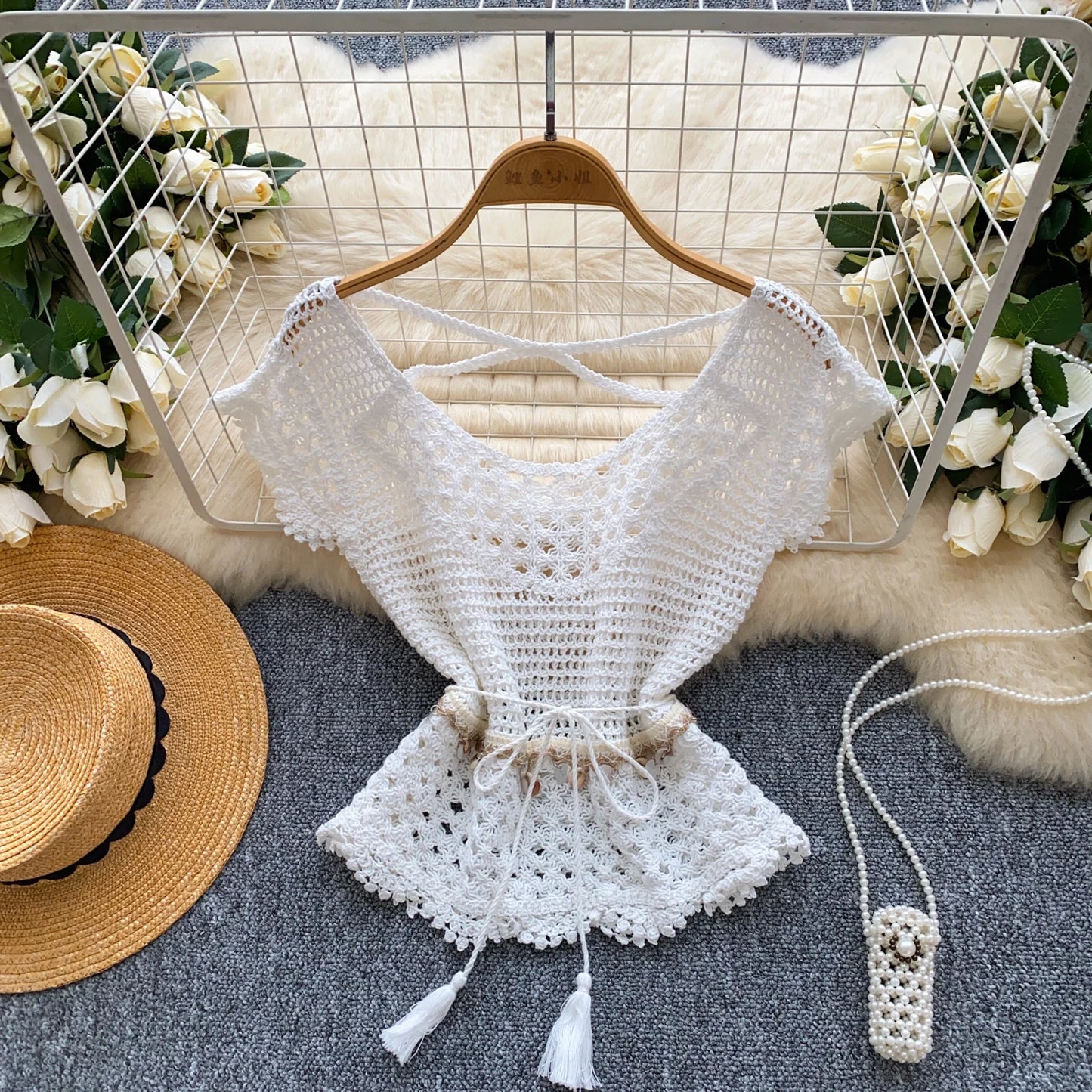Bohemian Tassel Knit Tops Women Lace Up V Neck Elastic Summer Blouse Vacation Blouse