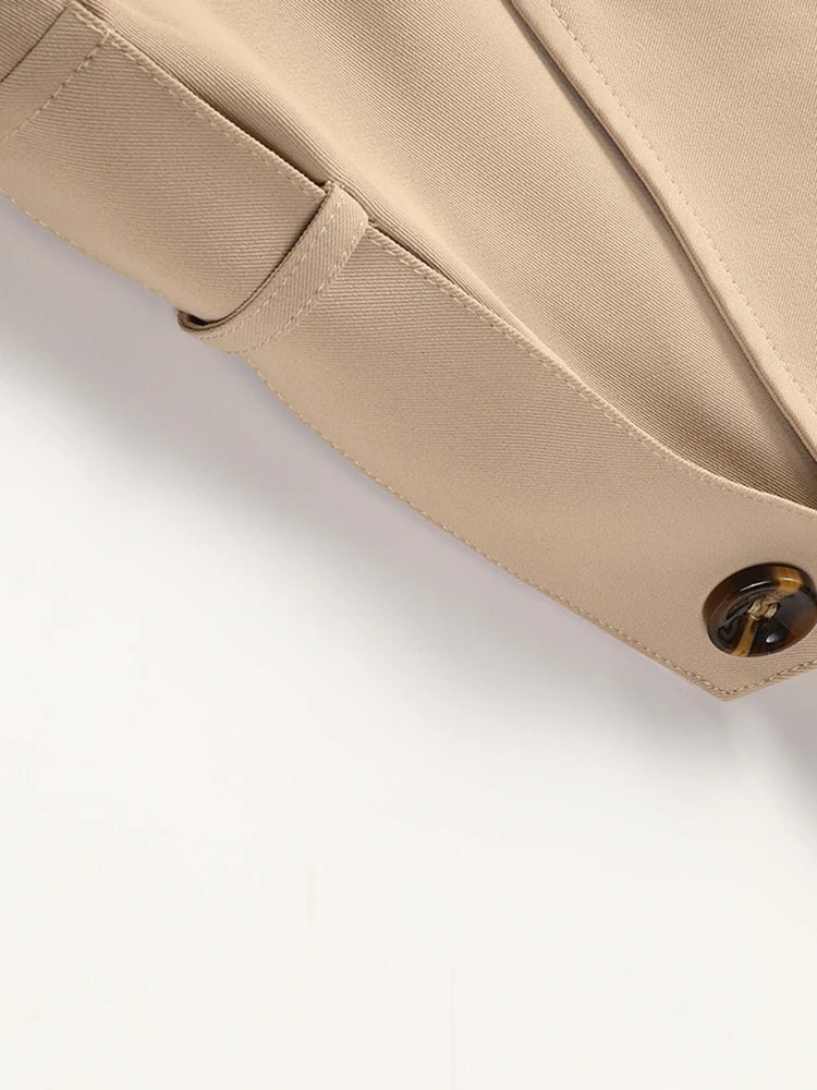 Women Khaki Pleated Elegant Trench New Lapel Long Sleeve Windbreaker Trench Coat