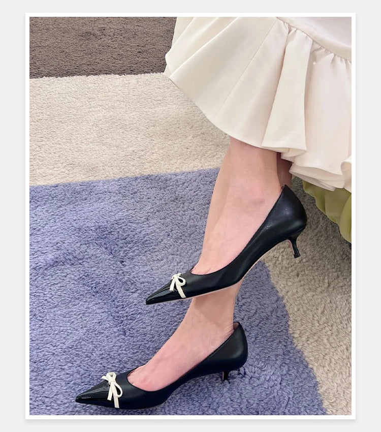 Butterfly Knot Color Blocked Shoes for Women Pointed Shallow Mouth Slim Heel High Heels