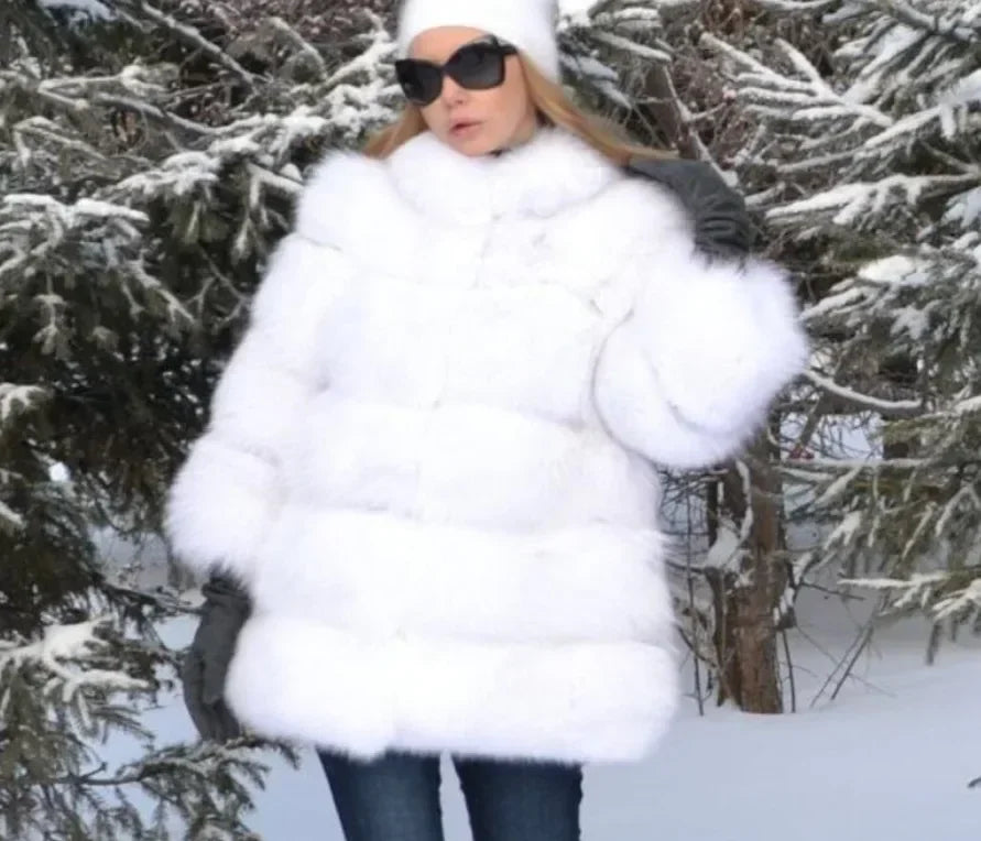 Women Faux Fox Fur Coats Turn Down Collar Thick Warm Elegant Jackets Streetwear