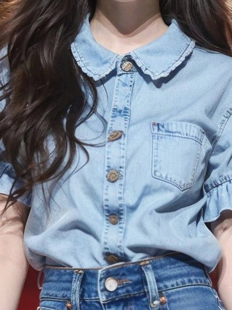 Women Blouse Peter Pan Collar Puff Sleeve Single Breasted Shirt
