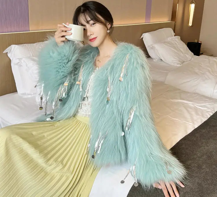 Faux Fur Grass Sequined Tassels Coat Women's Short Beaded Fringed Bomber Jacket