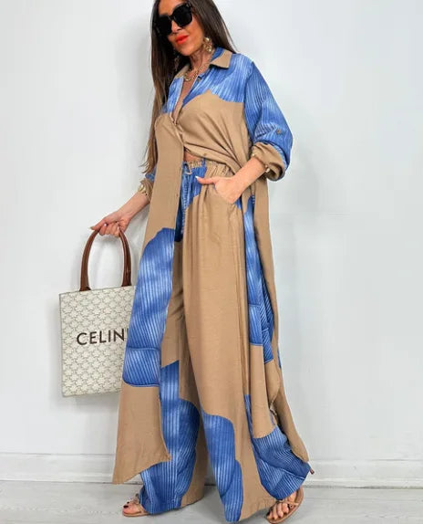 Elegant Lady Two Piece Set Printed Long Shirt Top + Wide Leg Pants 2-piece Outfit Oversized Sets