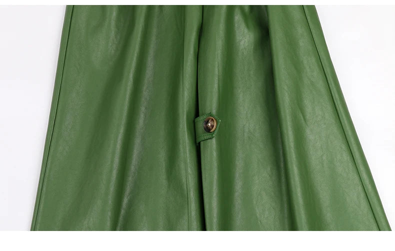 Long Green Pu Leather Trench Coat for Women with Back Slit Sashes Single Breasted