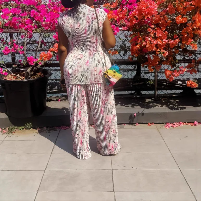 Women Set Floral Print Short Sleeve Pleated T-Shirt + Wide Leg Pants Two 2Piece Sets