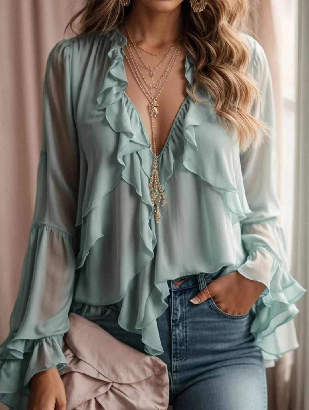 Women Chiffon Blouse Shirt Flare Sleeve Ruffle Elegant Sexy V-Neck See Through Blouse Tops