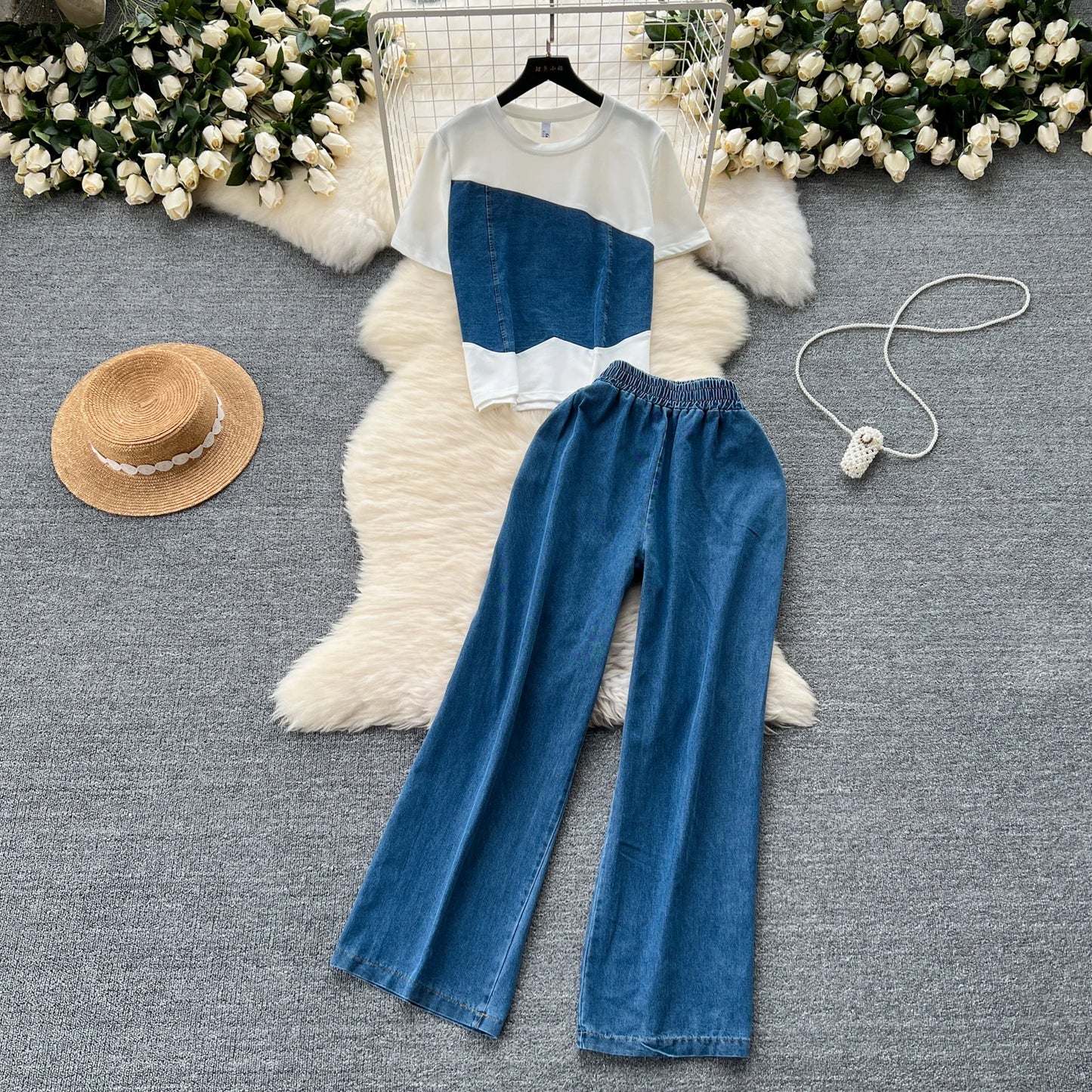 Women Denim pant sets Design Matching Color Short-sleeved T-shirt Tops + High-waisted Casual Pants