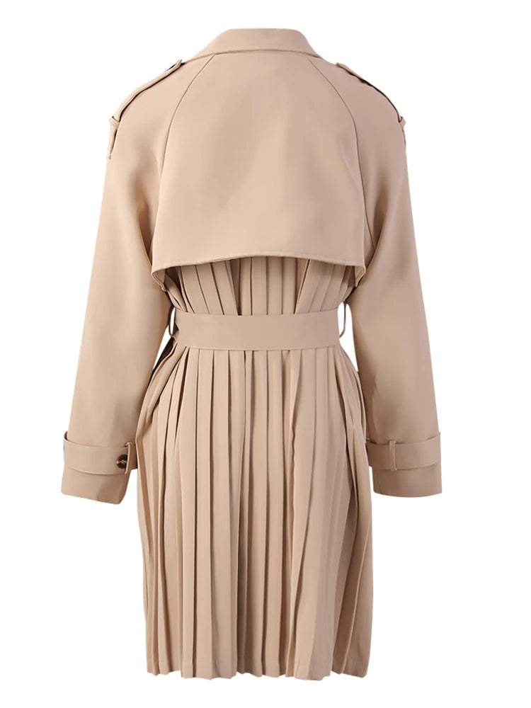 Women Khaki Pleated Elegant Trench New Lapel Long Sleeve Windbreaker Trench Coat