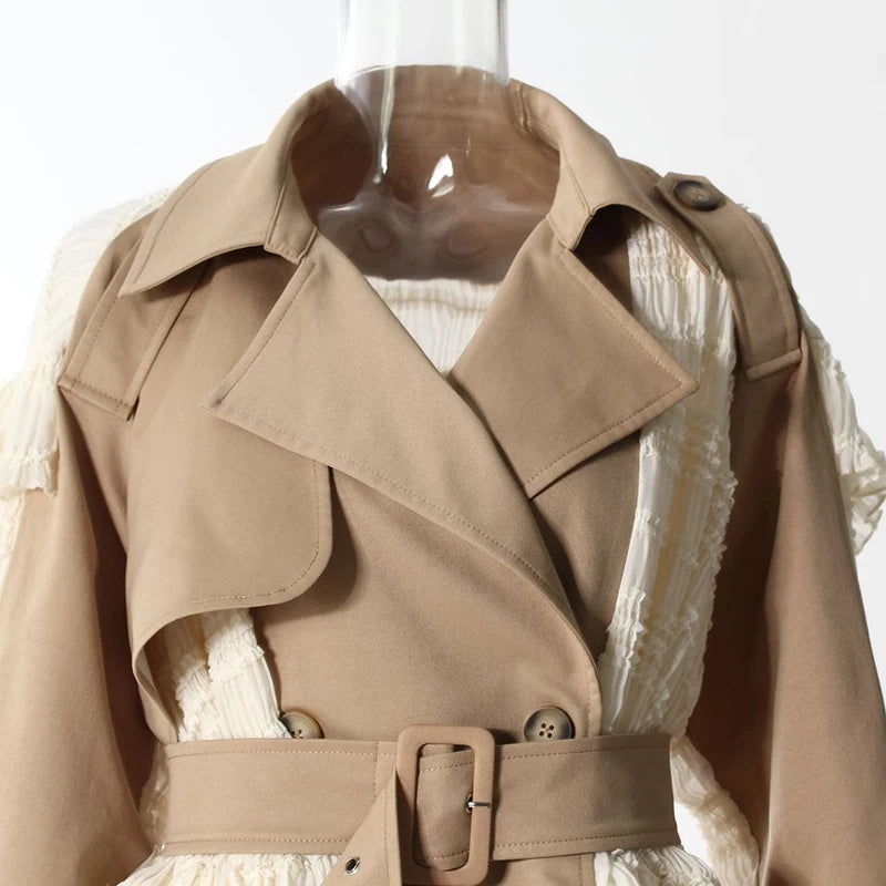 Lace Patchwork Trench Coat Women's Lapel Loose Double Breasted Windbreaker