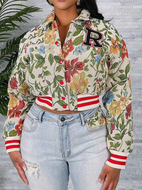 Flower Print Coat Crop Tops Women Lapel Long Sleeve Button Baseball Jacket