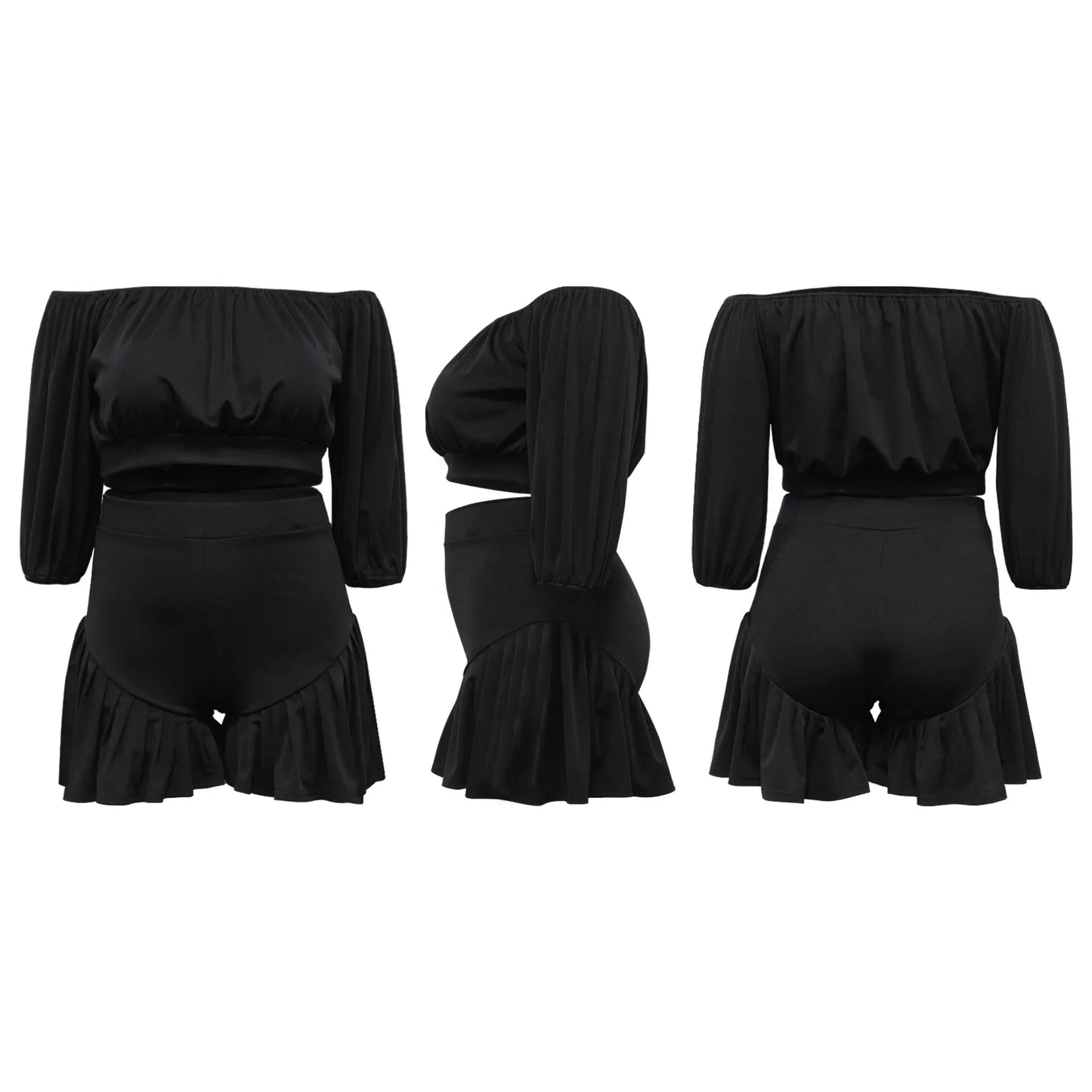 Plus Size Women's Set Long Sleeve Slash Neck T-Shirt and Shorts Summer Two 2 Piece Set