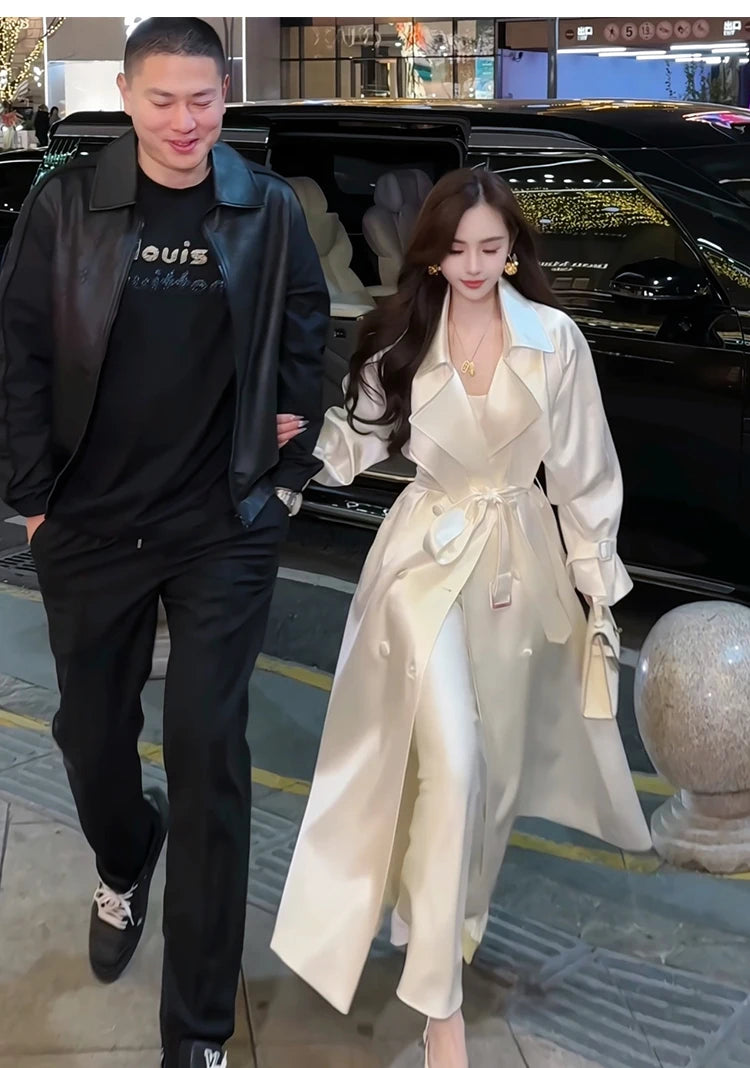 Long Flowy Shiny White Trench Coat for Women Double Breasted Design