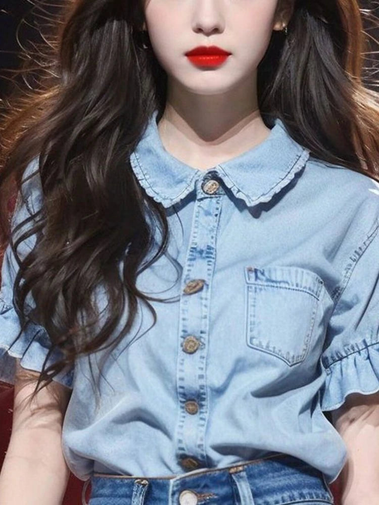 Women Blouse Peter Pan Collar Puff Sleeve Single Breasted Shirt