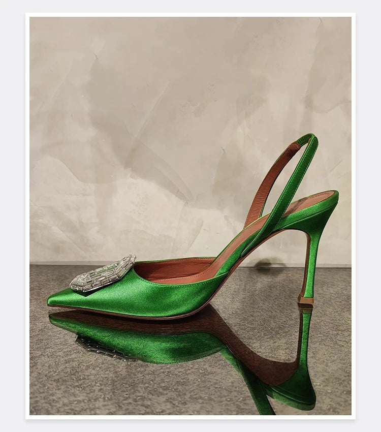 Oval Rhinestone Buckle Toe Sandals Pointed Thin Heel Hollow Banquet High Heels