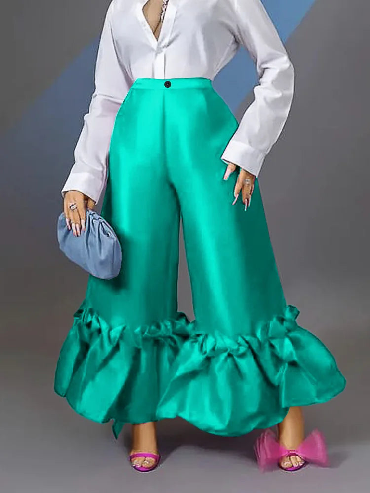 Women Pants High Waist Flare Pants Slim Fit Sexy Solid Ruffles Loose Casual Regular Wide Leg Long Trousers