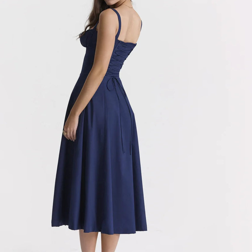 Elegant A Line Midi Dress Sexy Spaghetti Strap Lace Up Red Holiday Party Dresses Summer Dresses