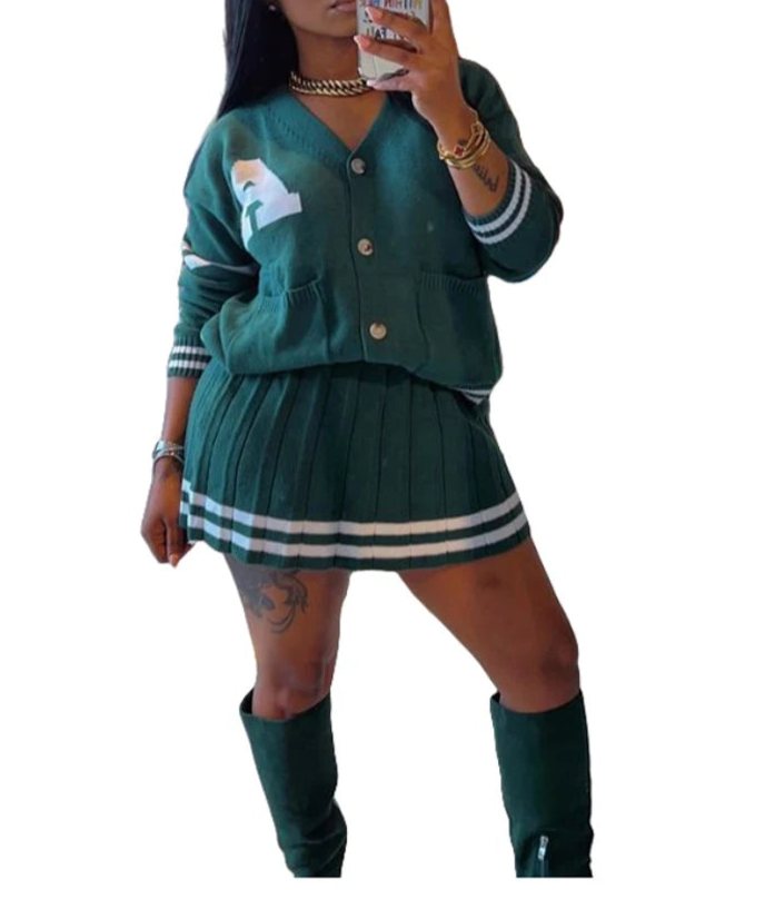 Knit Pleated Sweater Skirts 2 Two Piece Set Letter Button Cardigan With Matching Mini Skirt Sets