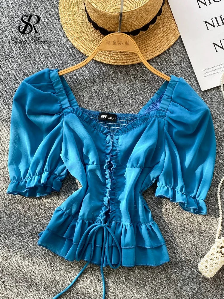 French Style Chiffon Blouse Square Neck Short Sleeves Ruffles Lace Up Beach Top