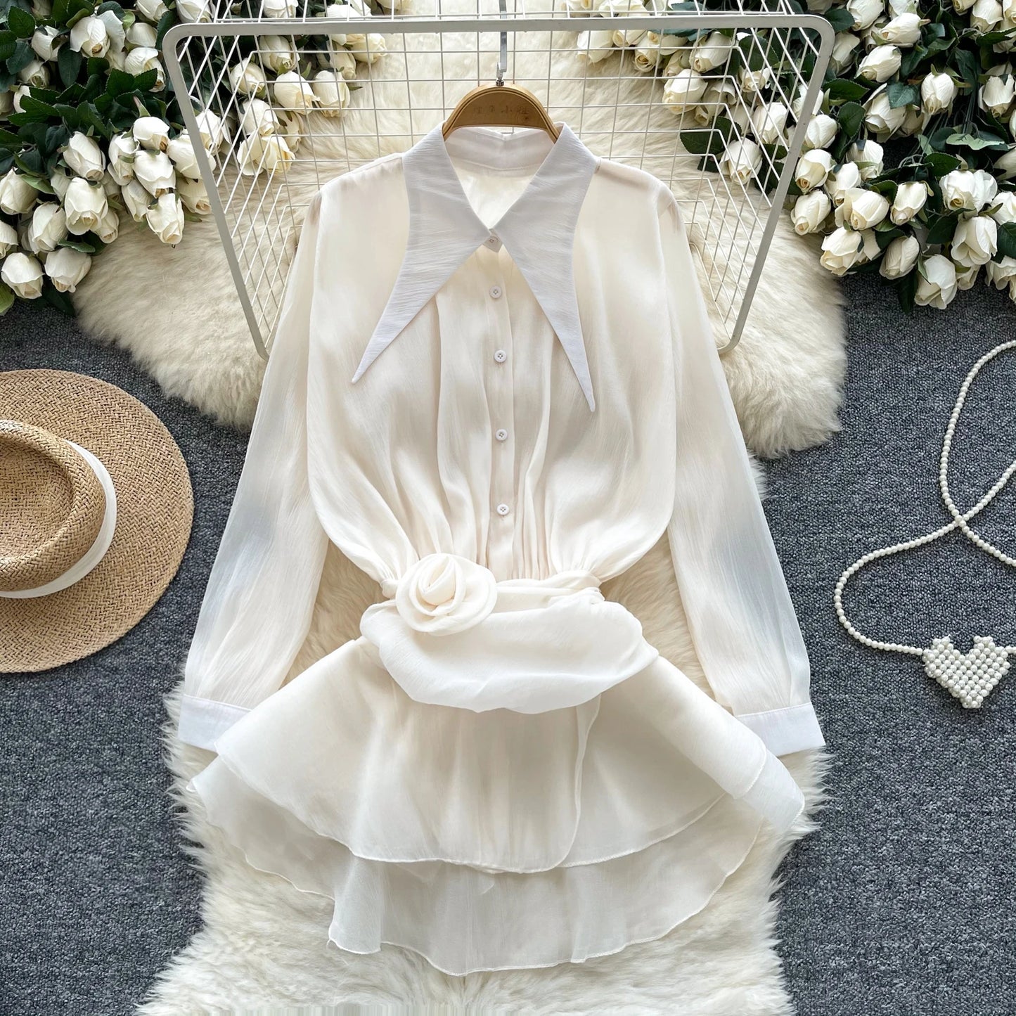 3D Floral Vintage Shirt Women Lapel Neck Long Sleeves Sheer Bohemian Organza Blouse
