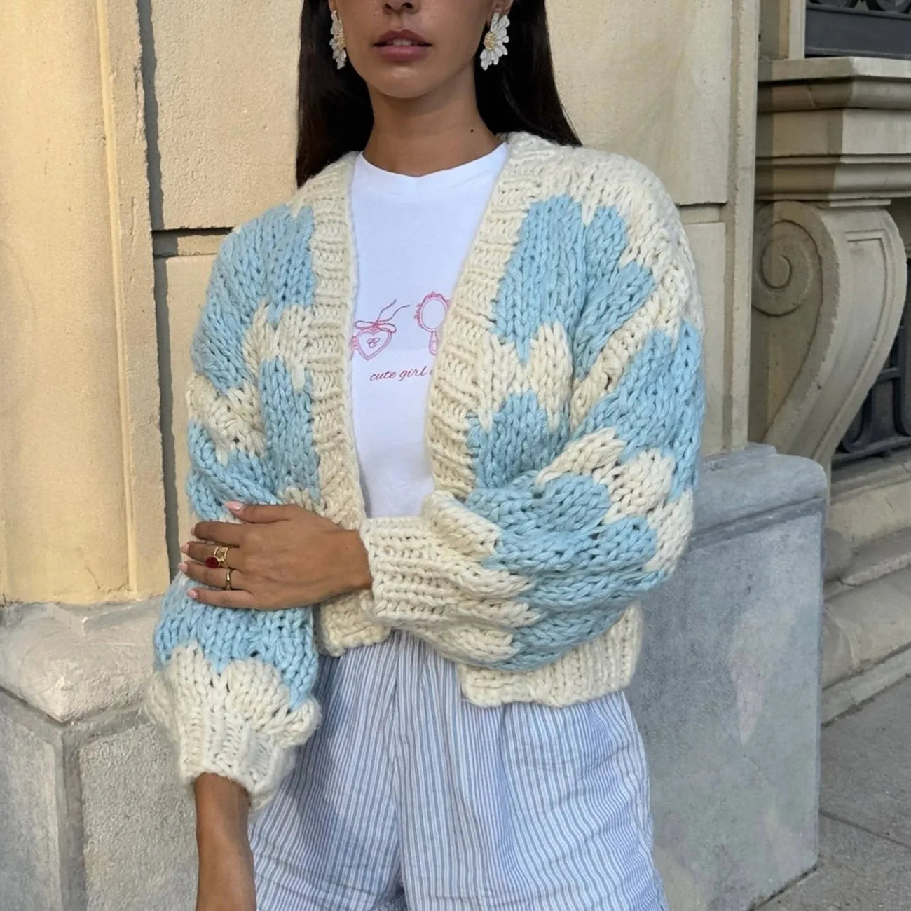 Vintage Lantern Sleeves Knitted Sweater Stripe Pattern Cropped Cardigans Y2K