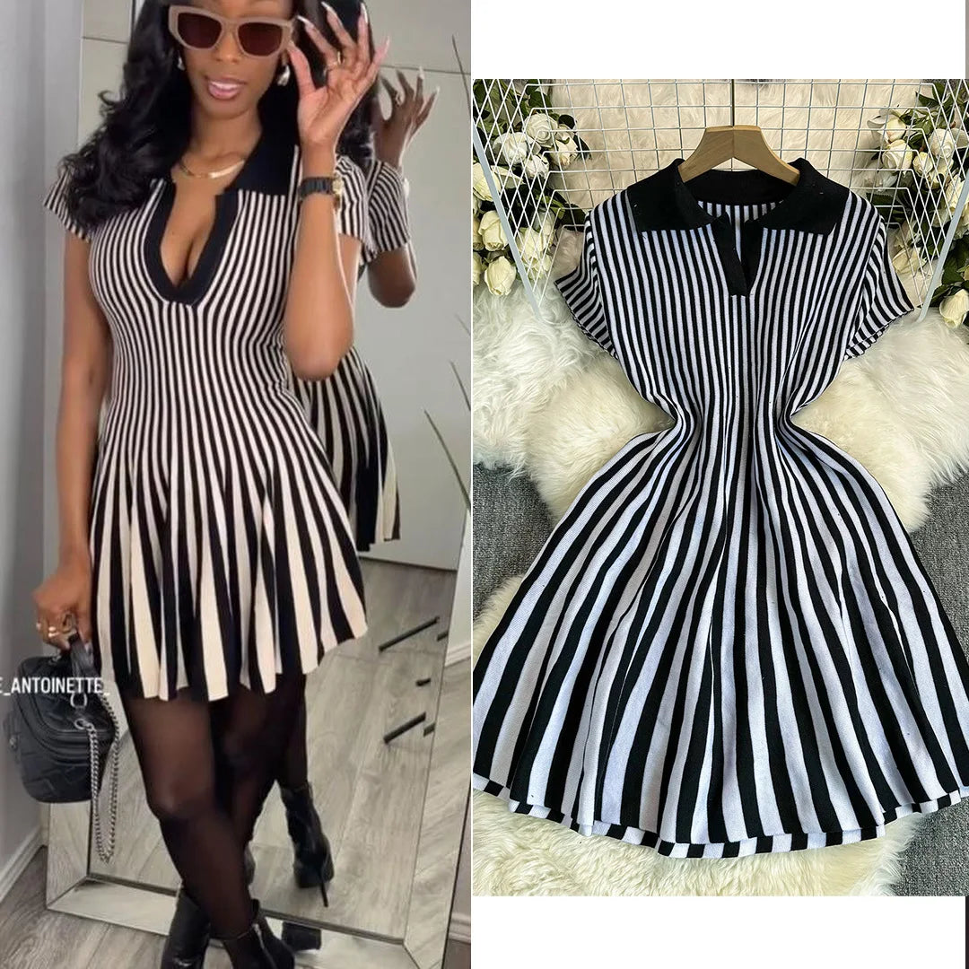 Sweater Striped Dress Knit Dresses Ruffles Party Casual Elegant Knitted Y2k Streetwear